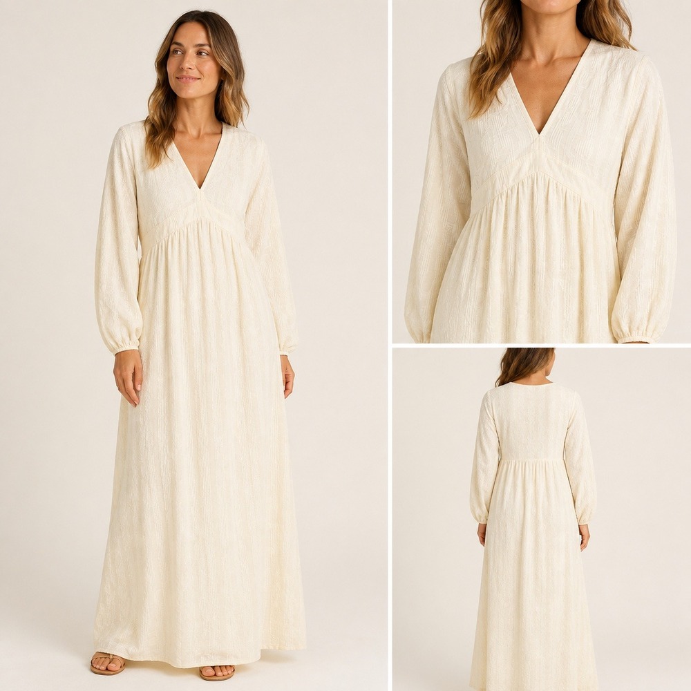 ROVE Alma Midi Dress Cotton M Cream Textured V-Neck Balloon Sleeve Boho